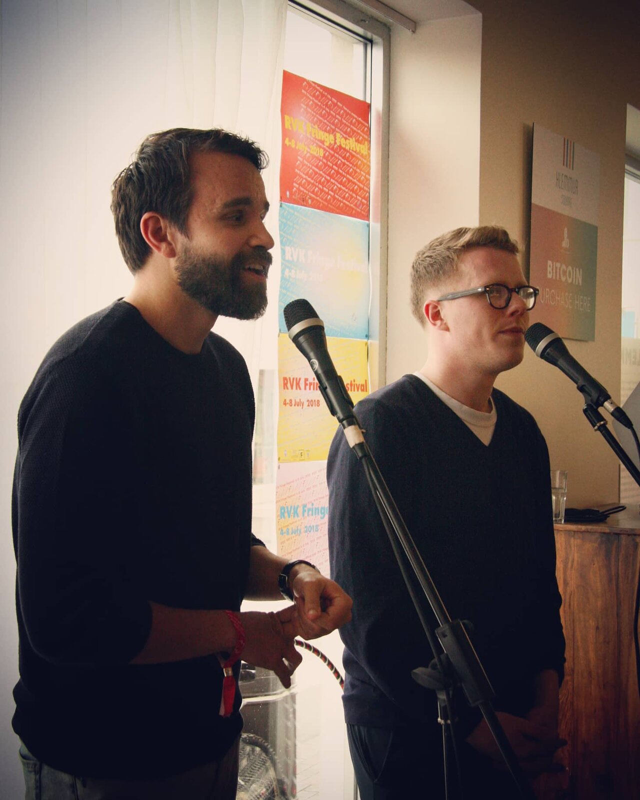 Opening party hosts Máni Arnarsson and Ólafur Ásgeirsson from Improv Iceland, Reykjavík Fringe 2018. Photo by Sveinlaug Sigurðardóttir